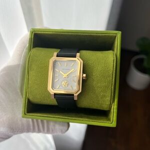 Tory Burch Robinson Gold Black Leather Strap Watch TBW1504